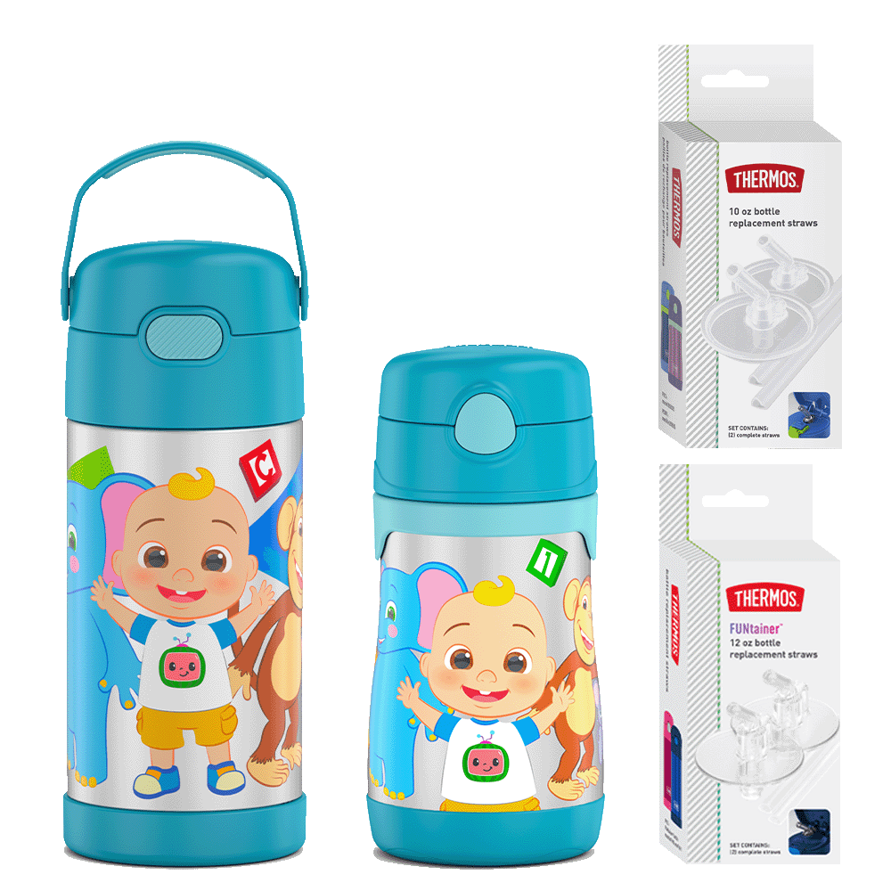 Cocomelon 12oz Water Bottle & 10oz Water Bottle with Extra Straws Bundle